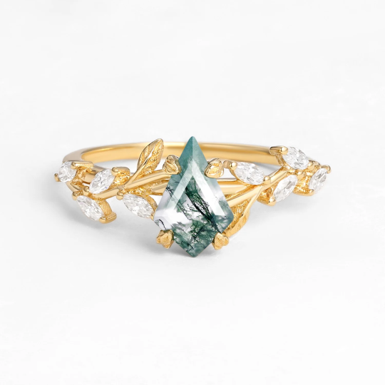 Sterling Silver with Yellow Gold Plated Kite Cut Moss Agate Leafy Engagement Ring