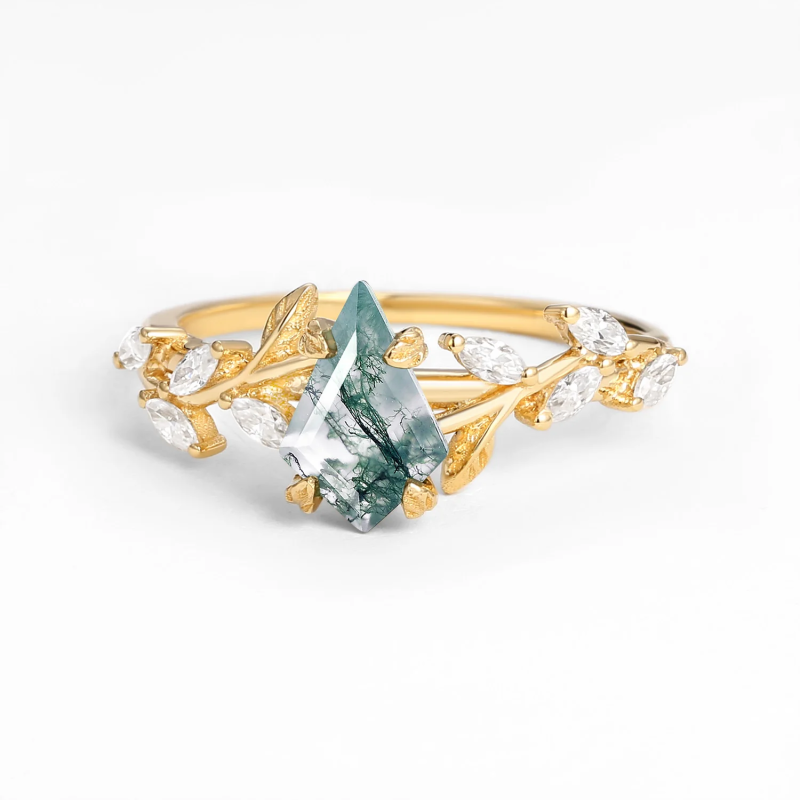 14K Gold Kite Cut Moss Agate Leafy Engagement Ring-4