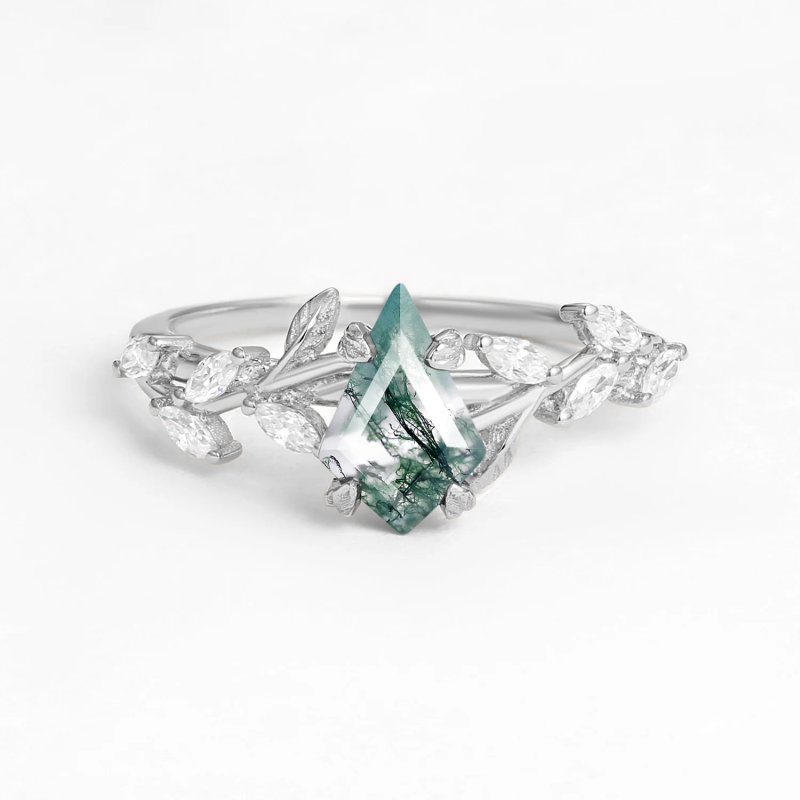 14K Gold Kite Cut Moss Agate Leafy Engagement Ring-5