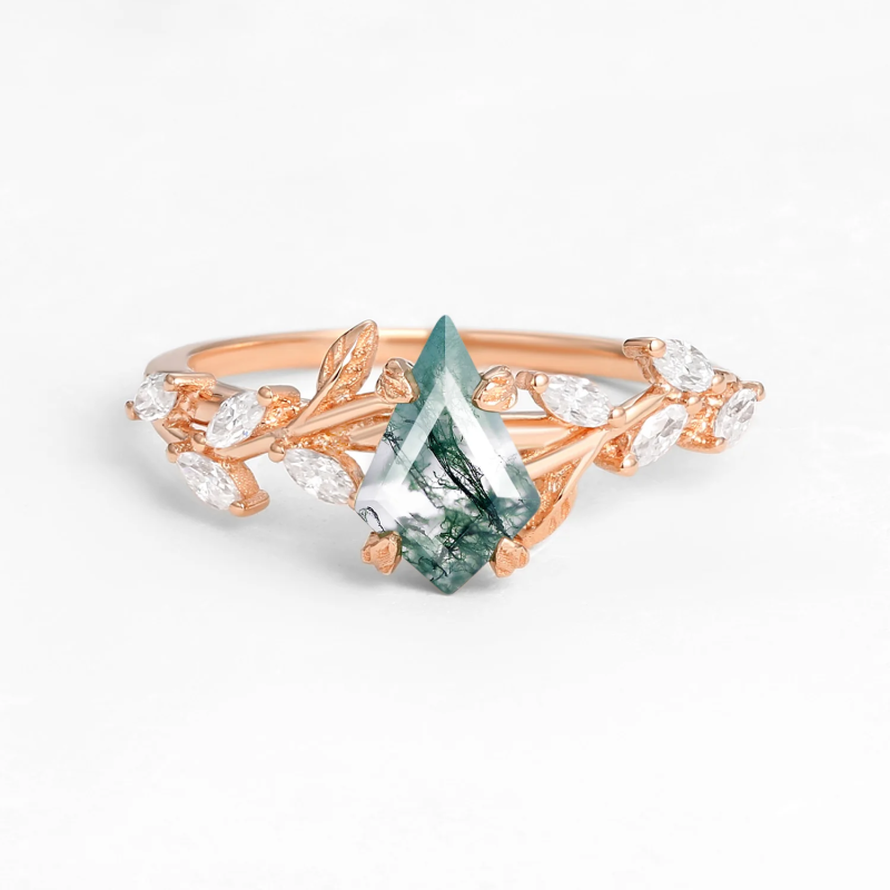 14K Gold Kite Cut Moss Agate Leafy Engagement Ring-6