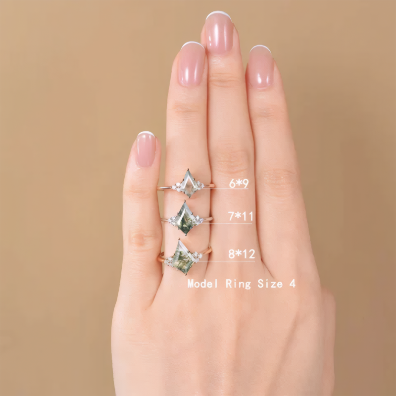 14K Gold Kite Cut Moss Agate Leafy Engagement Ring-9