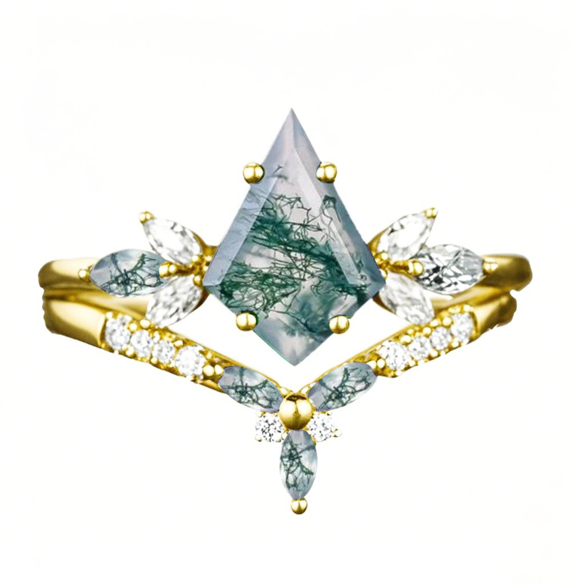 Anillo de compromiso de oro de 14 quilates con moissanita y ágata musgosa talla cometa para mujer. Grabado gratuito.-1