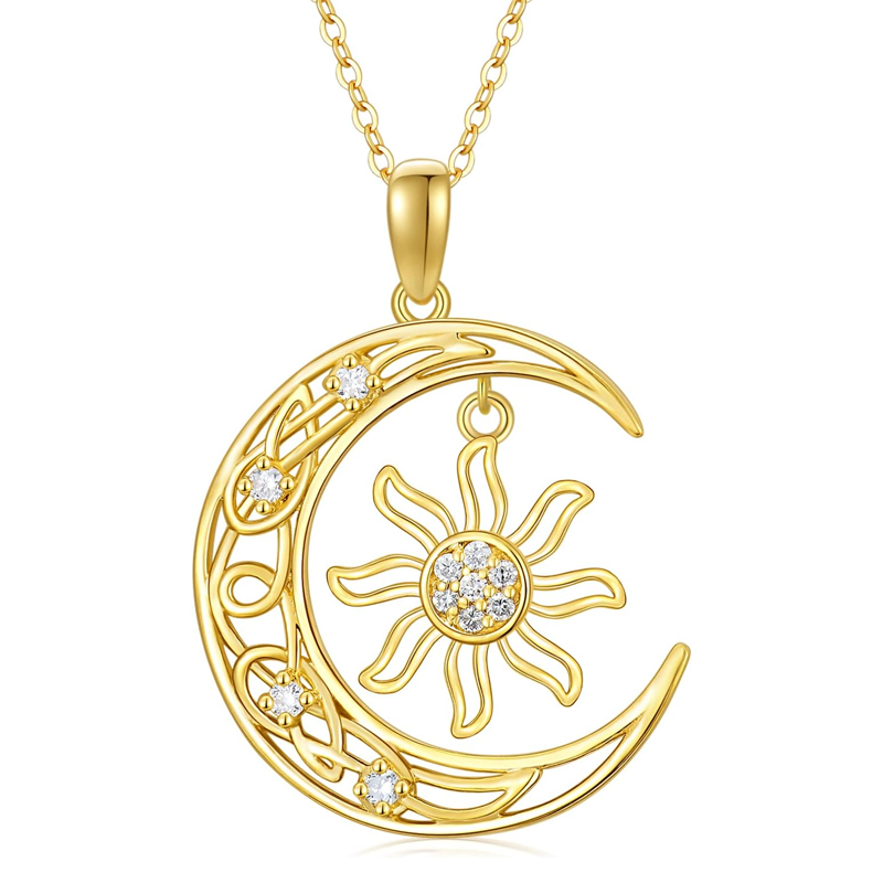 Gold Vermeil Lab Created Diamond Celtic Knot Moon Sun Necklace for Women-1