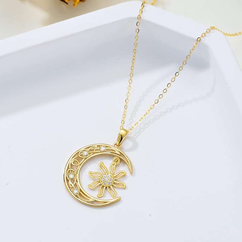 Gold Vermeil Lab Created Diamond Celtic Knot Moon Sun Necklace for Women-3