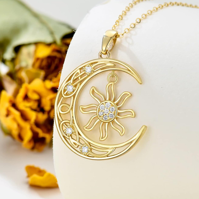 Gold Vermeil Lab Created Diamond Celtic Knot Moon Sun Necklace for Women-4