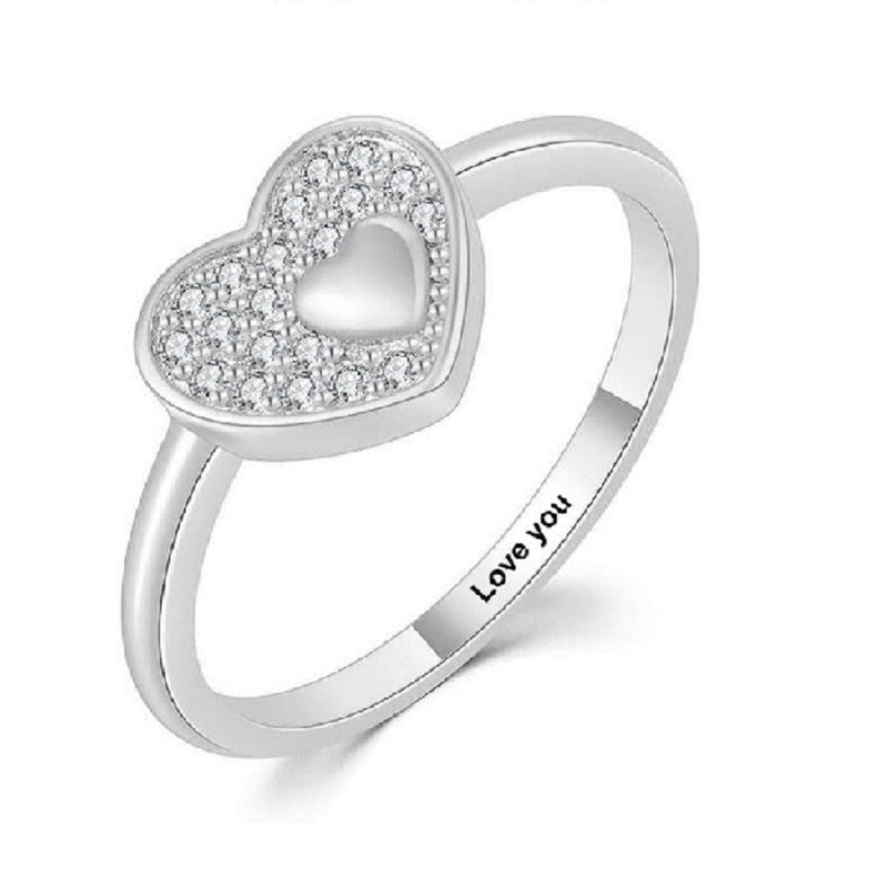 Bague de fiançailles en forme de cœur avec gravure personnalisée en or blanc 10 carats et diamant créé en laboratoire avec mot gravé