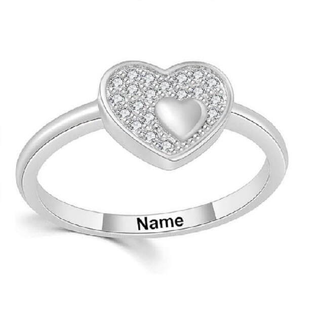 18K White Gold Lab Created Diamond Personalized Engraving & Heart Engagement Ring with Engraved Word-2