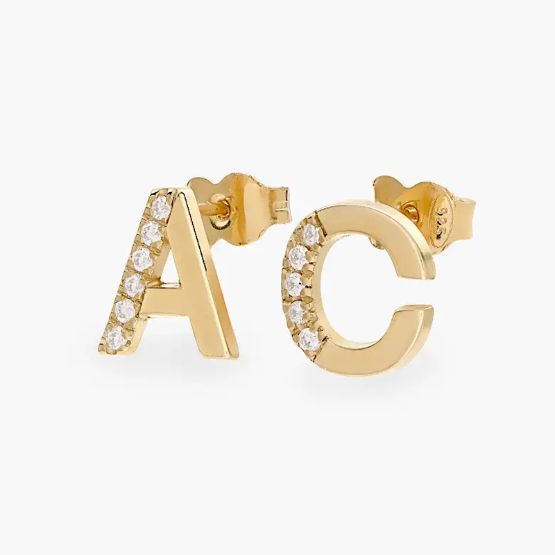 Gold Vermeil Lab Created Diamond Personalized Initial Stud Earrings for Women-1