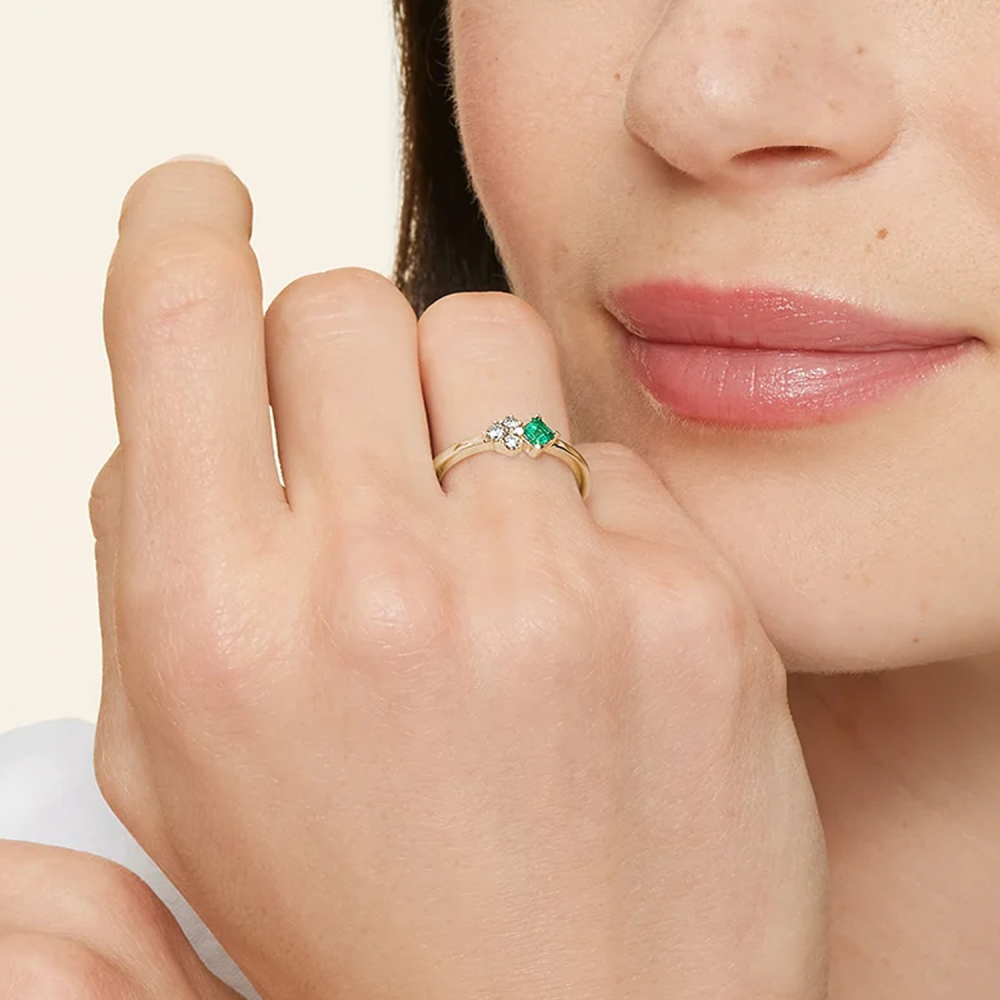 10K Gold Emerald & Lab Created Diamond Custom Wedding Band G/H Color SI Clarity 3EX-2