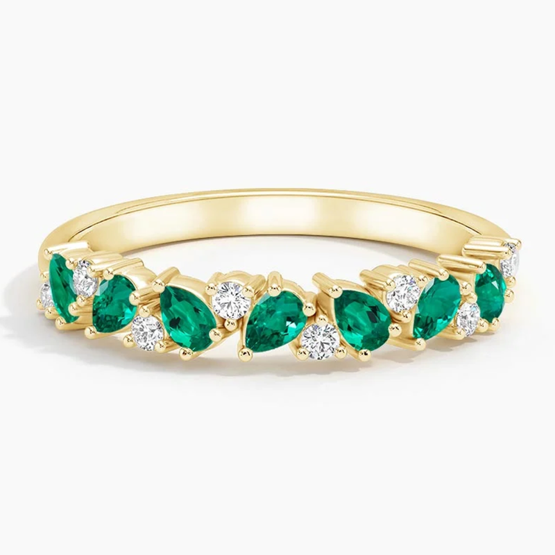 10K Gold 1 CT.T.W. Pear Cut Lab Created Emerald & Round Cut Diamond Eternity Custom Wedding Band-25