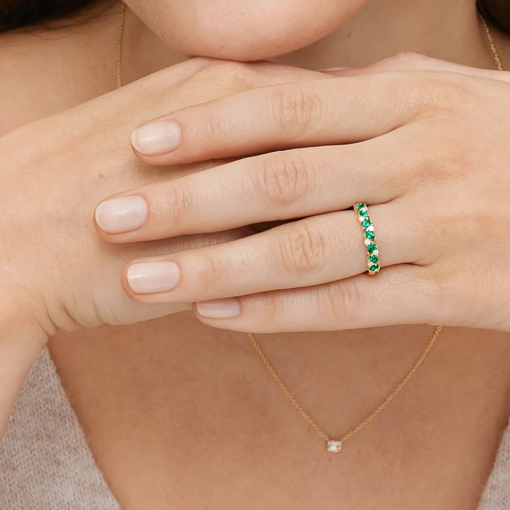 Aliança de casamento personalizada Eternity em ouro rosa 10K, 1 CT.T.W., lapidação pera, esmeralda criada em laboratório, diamante de lapidação redonda-2