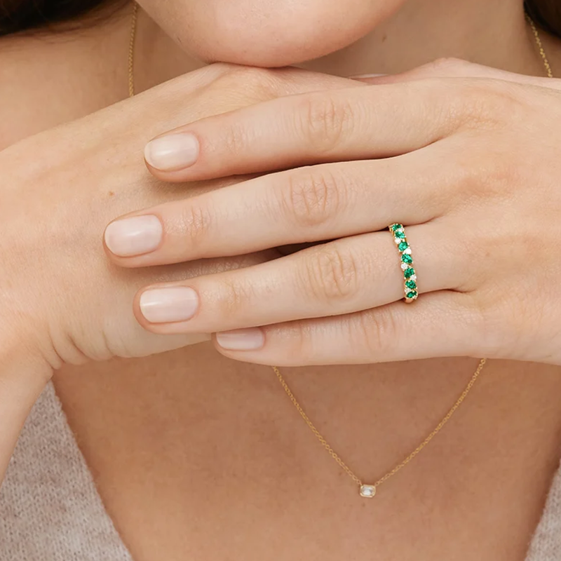 10K Rose Gold 1 CT.T.W. Pear Cut Lab Created Emerald & Round Cut Diamond Eternity Custom Wedding Band-2