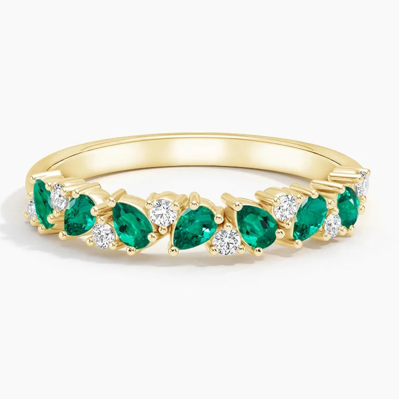 10K Rose Gold 1 CT.T.W. Pear Cut Lab Created Emerald & Round Cut Diamond Eternity Custom Wedding Band-4