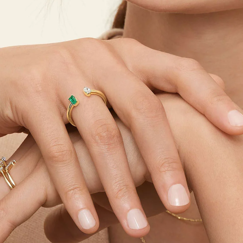 10K Gold 0.25 CT Marquise Cut Lab Created Diamond & 0.25 CT Emerald Cut Lab Created Emerald Open Band-2