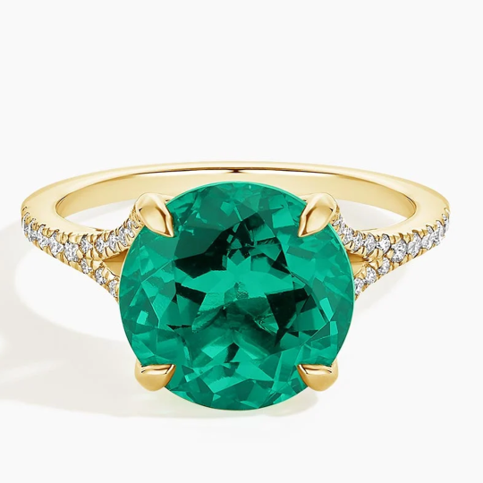 10K Gold Lab Emerald &1/5ct Diamond Personalized Engraving Couple Engagement Ring