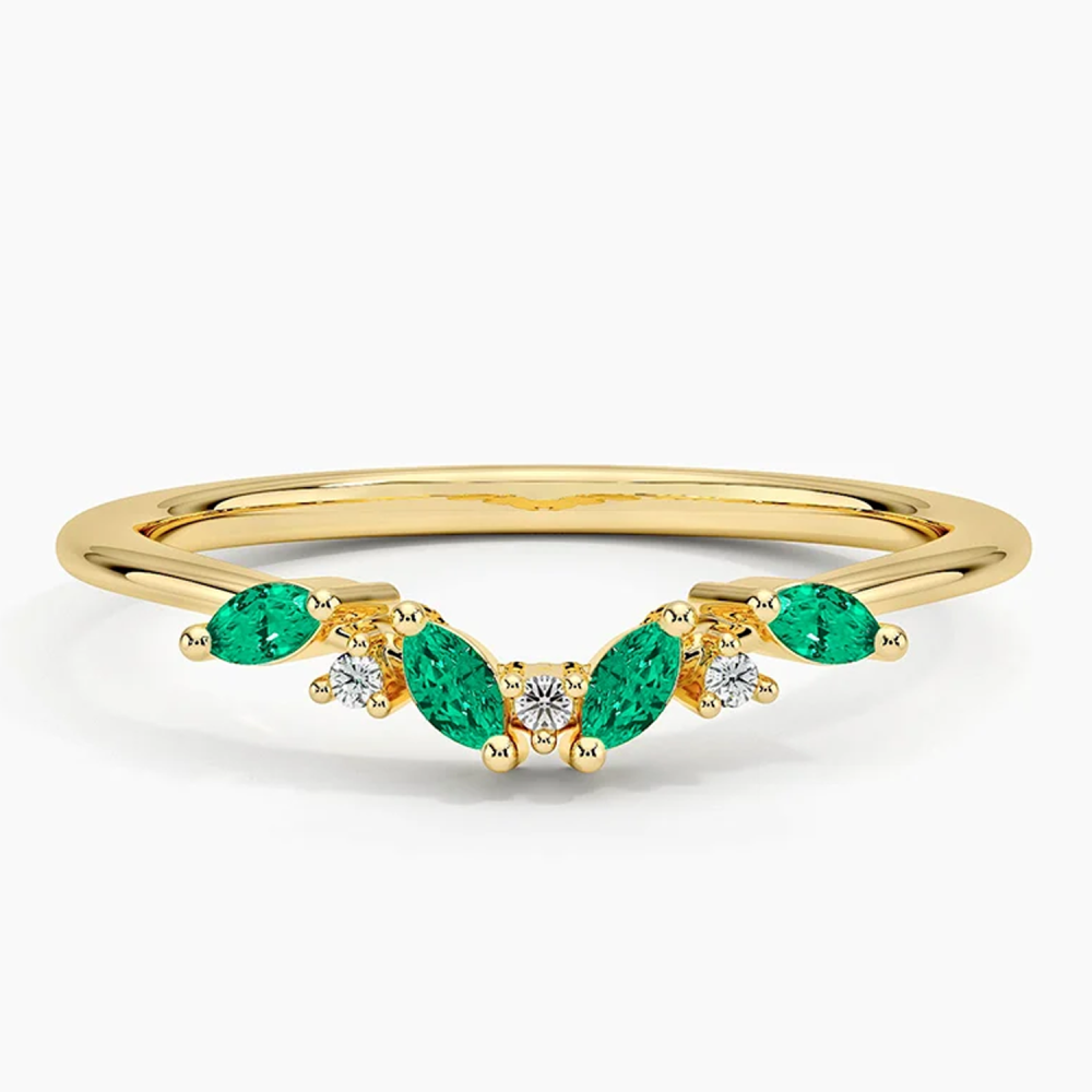 10K Gold Round Shaped & Marquise Shaped Emerald & Lab Created Diamond Custom Personalized Engraving & Engagement Ring F/G Color SI Clarity 3EX IGI Certified-1