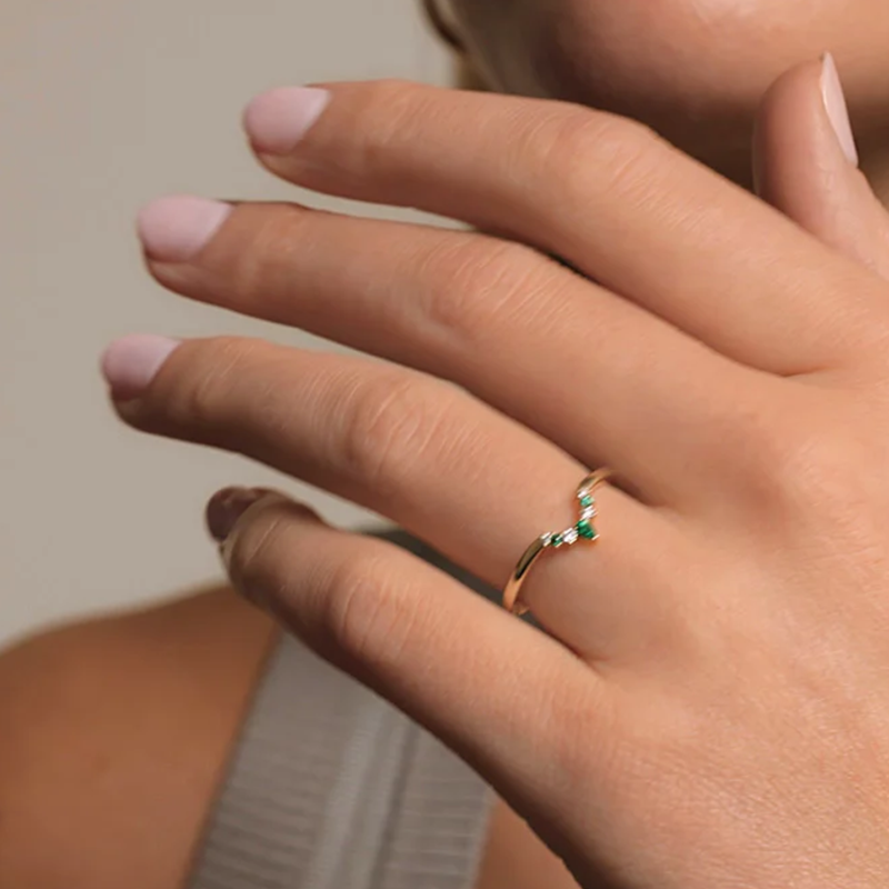 10K Gold Round Shaped & Marquise Shaped Emerald & Lab Created Diamond Custom Personalized Engraving & Engagement Ring F/G Color SI Clarity 3EX IGI Certified-2