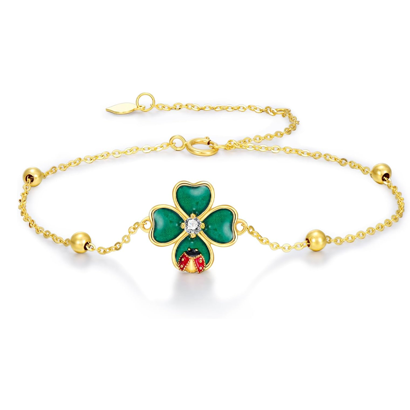 10K Gold Ladybug & Four Leaf Clover Charm Bracelet for Women-1