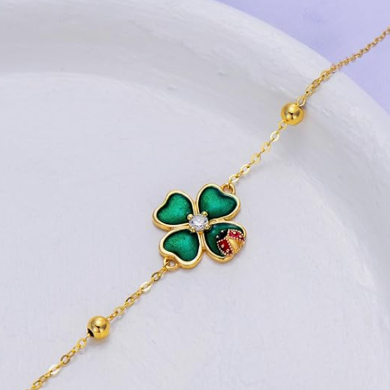 Gold Vermeil Ladybug & Four Leaf Clover Charm Bracelet for Women-3