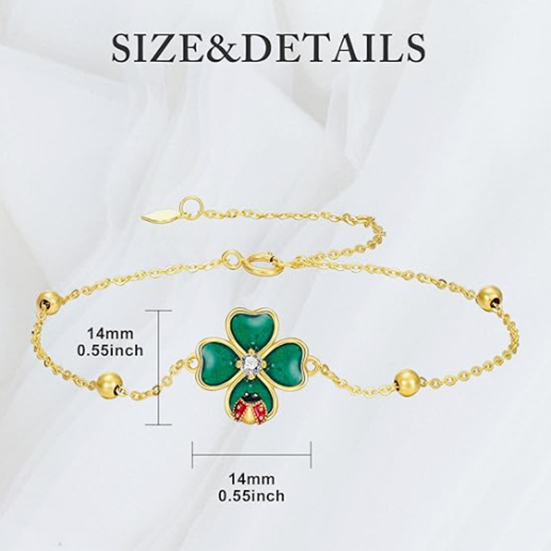 Gold Vermeil Ladybug & Four Leaf Clover Charm Bracelet for Women-4