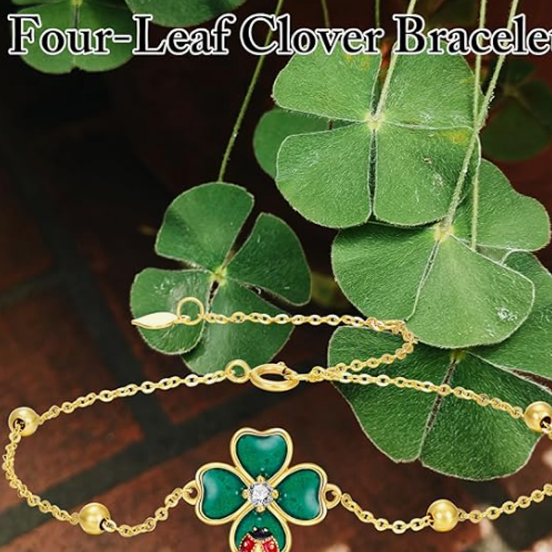 Gold Vermeil Ladybug & Four Leaf Clover Charm Bracelet for Women-5