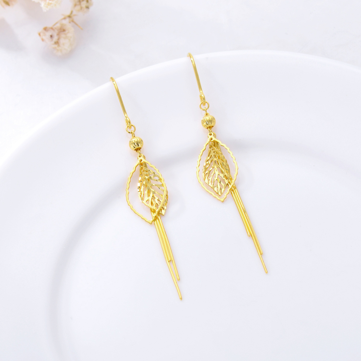 10K Gold Leaves Drop Earrings-3