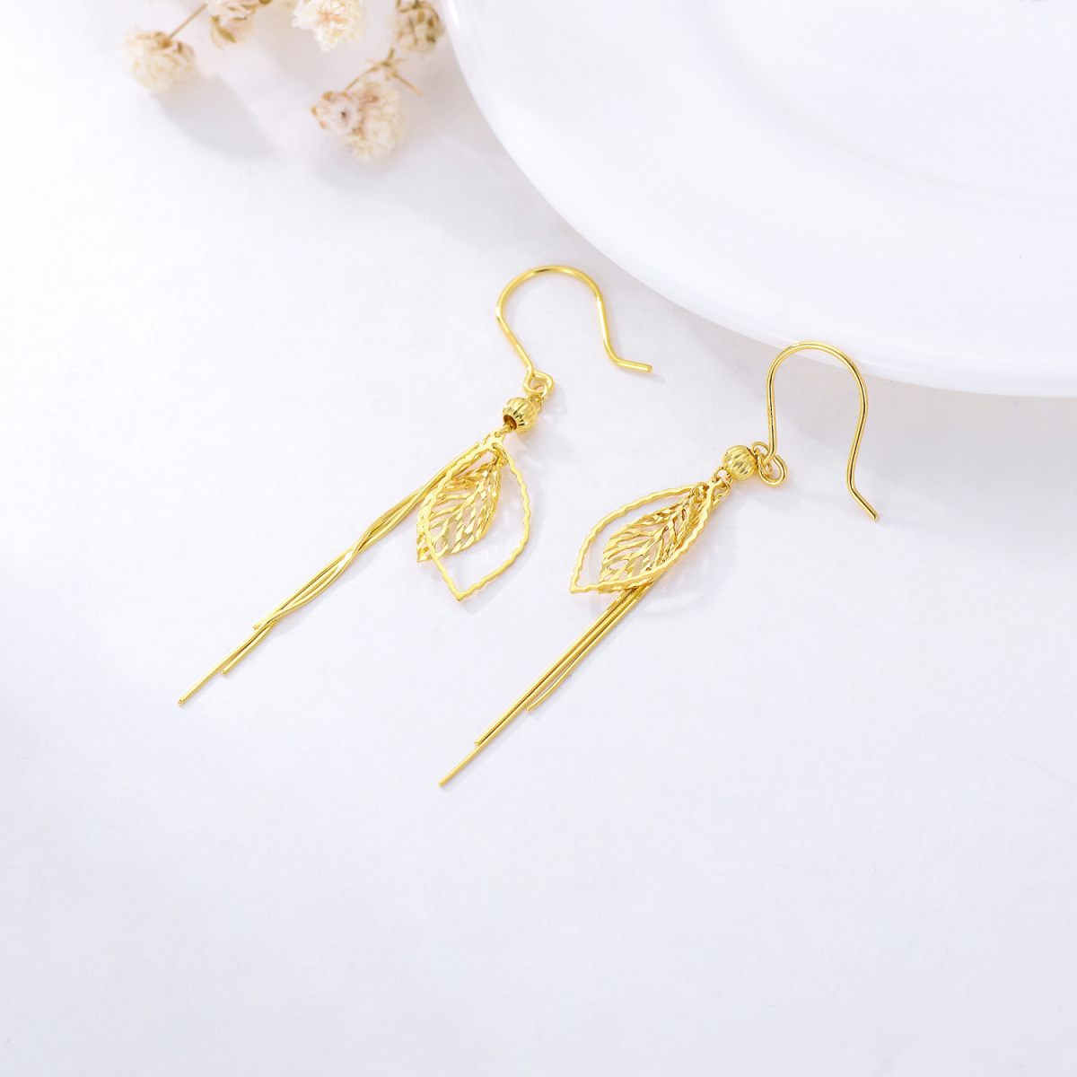 10K Gold Leaves Drop Earrings-4