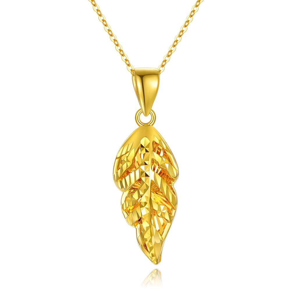 10K Gold Leaves & Feather Pendant Necklace-1