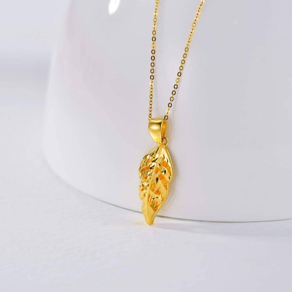 10K Gold Leaves & Feather Pendant Necklace-3