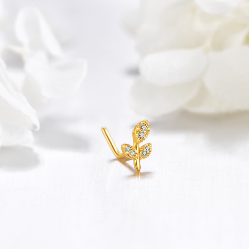 Anello al naso in oro bianco 10K con foglie di zirconia cubica-3