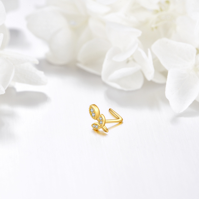 Anello al naso in oro bianco 10K con foglie di zirconia cubica-4