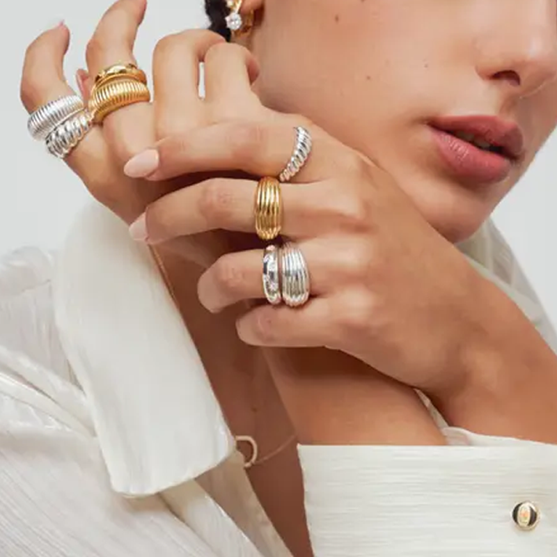 Anillo de oro vermeil con forma de cúpula lineal para mujer-2