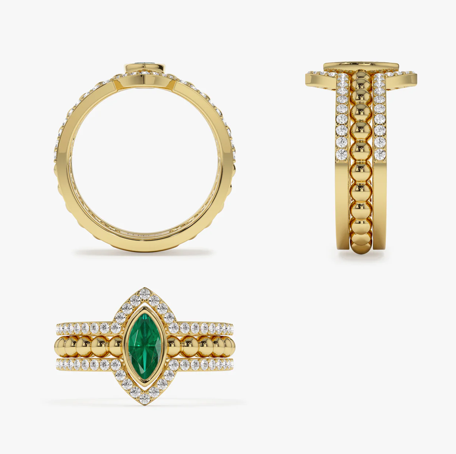 Anillo de oro de 18 quilates con esmeralda de talla marquesa y bandas de diamantes anidadas-4
