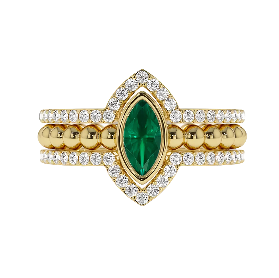 Anillo de oro de 18 quilates con esmeralda de talla marquesa y bandas de diamantes anidadas-1
