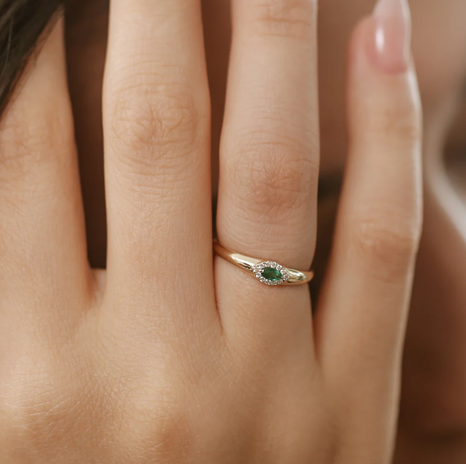 Anillo de oro de 14 quilates con halo de talla marquesa-2
