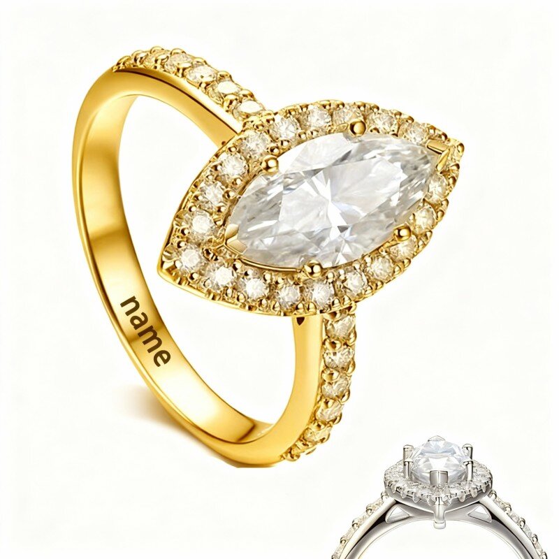 Anel de casal em ouro 10K com moissanita lapidada em marquise-1