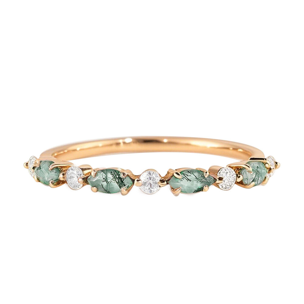 18K Gold Marquise Cut Moissanite & Moss Agate Wedding Ring-1