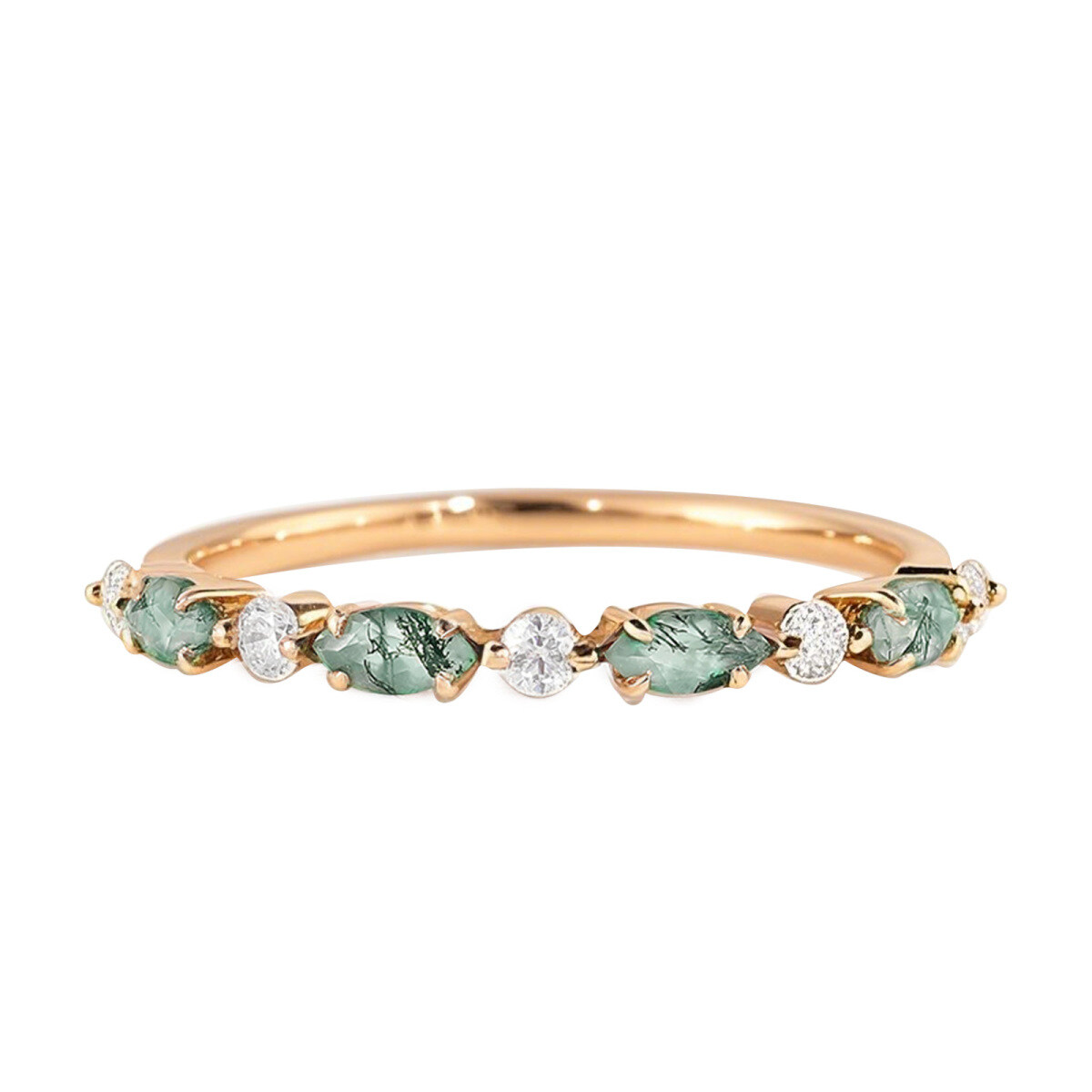 Anillo de bodas de oro de 10 quilates con moissanita y ágata musgosa de corte marquesa-1