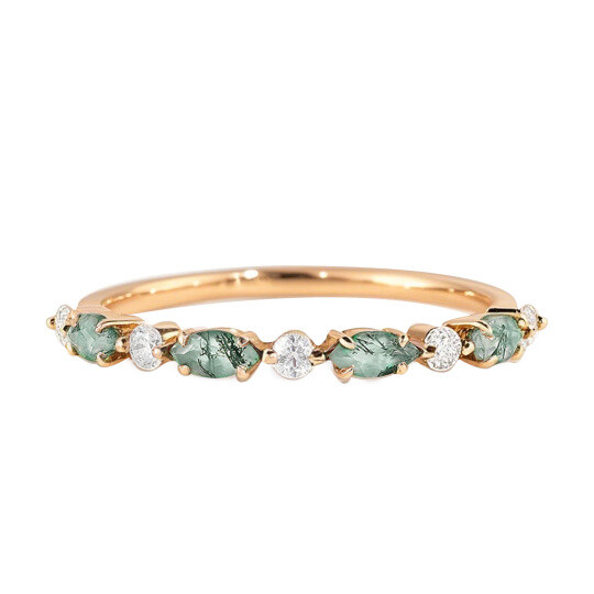 18K Gold Marquise Cut Moissanite & Moss Agate Wedding Ring