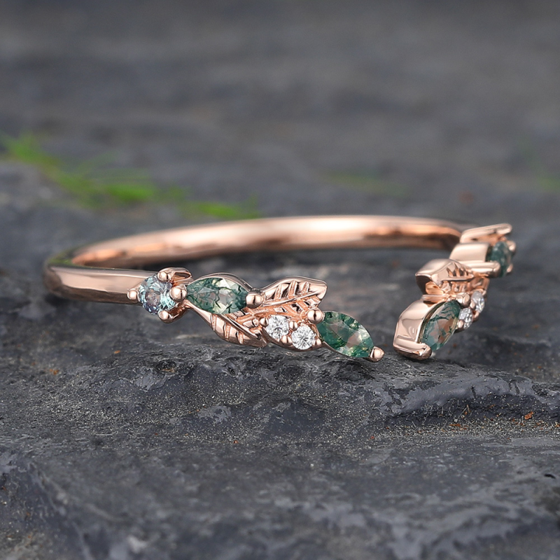 Ehering aus Sterlingsilber mit Gelbgoldbeschichtung im Marquiseschliff aus Moosachat-3