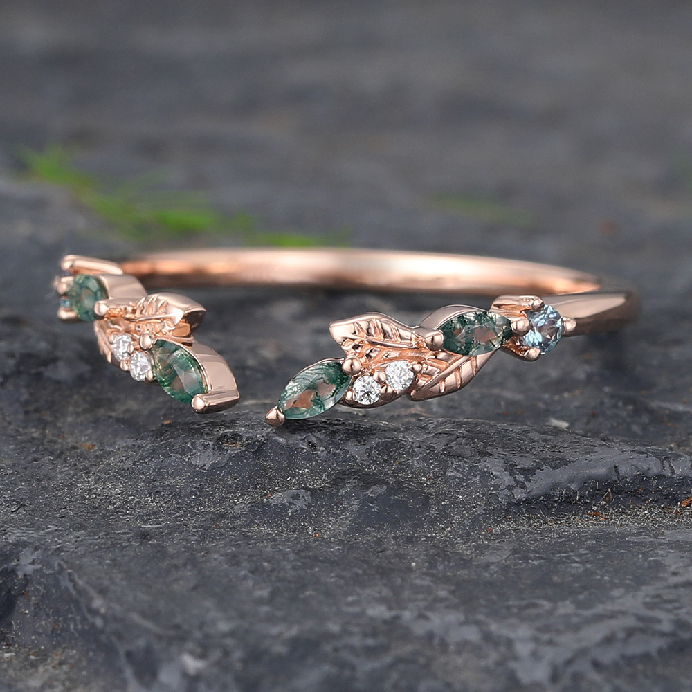 Anillo de bodas de ágata musgosa de talla marquesa en oro de 10 quilates-4