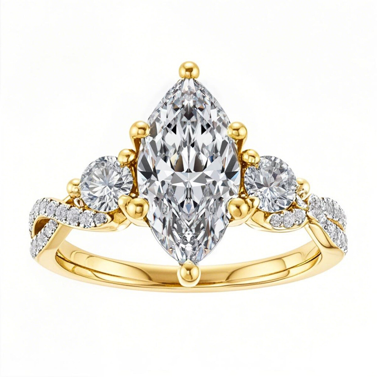 10 Karat Gold-Verlobungsring mit drei Moissanit-Steinen im Marquise-Schliff-1