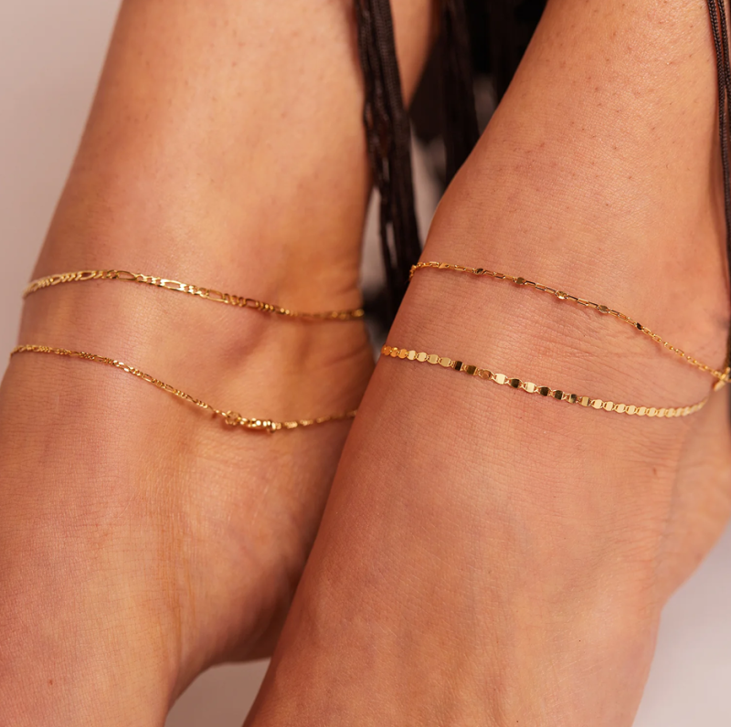 Sterling Silver with Yellow Gold Plated Mirror Chain Anklet 2mm-3