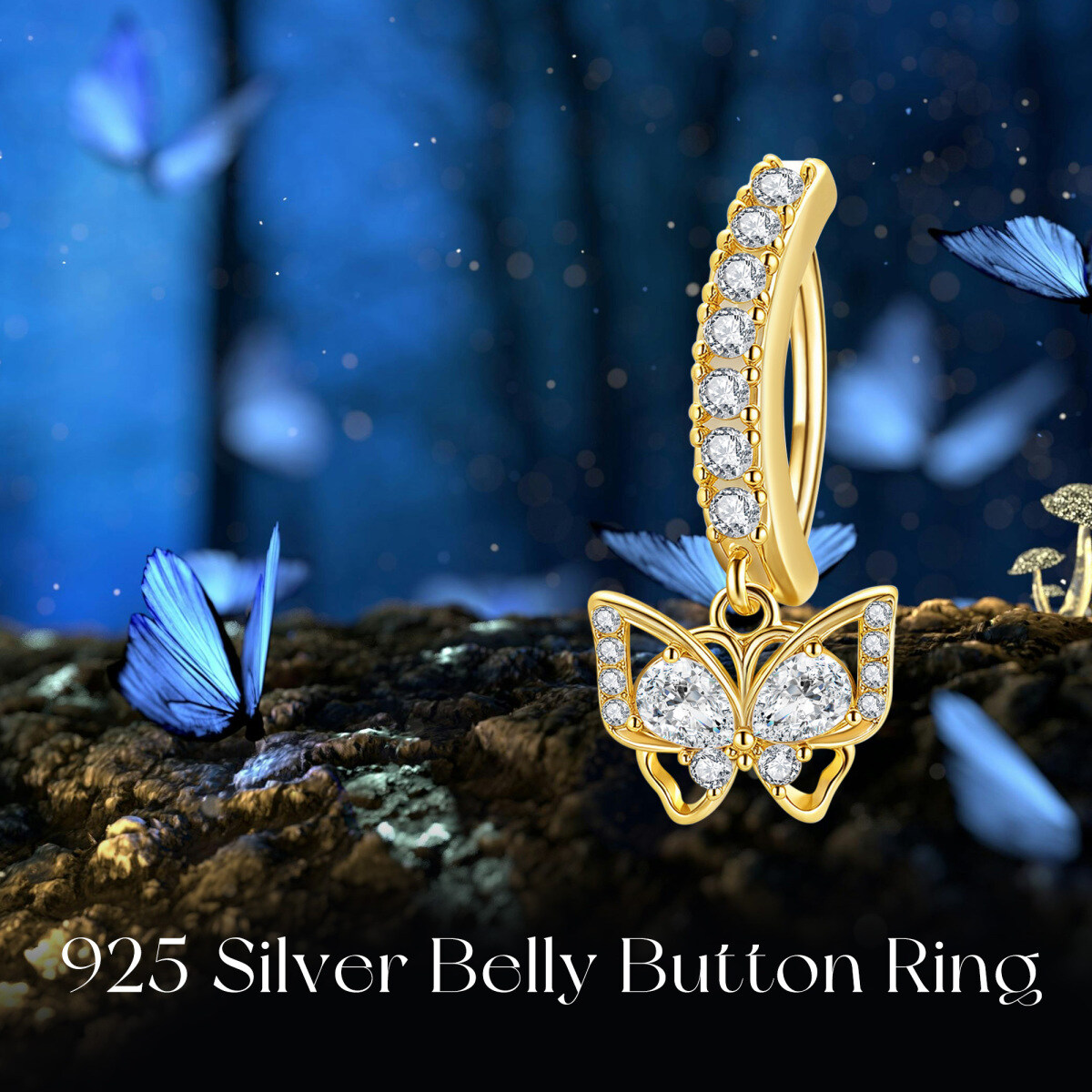 Anillo de ombligo con mariposa de moissanita bañado en oro amarillo-5