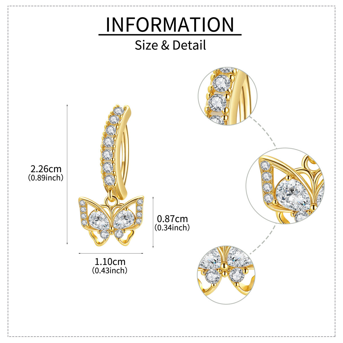 Anillo de ombligo con mariposa de moissanita bañado en oro amarillo-6