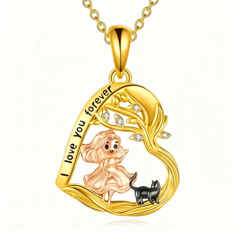 Naszyjnik z moissanitem w kolorze złota 14K z wisiorkiem w kształcie kota, tańczącej dziewczyny i serca-1