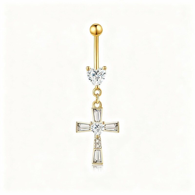 Złoty pierścionek z krzyżem i moissanitem 14K do pępka-1