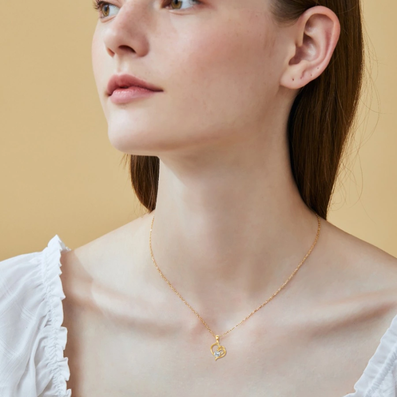 14-karätige Goldkette mit Moissanit-Herz und Herzanhänger für Damen-2