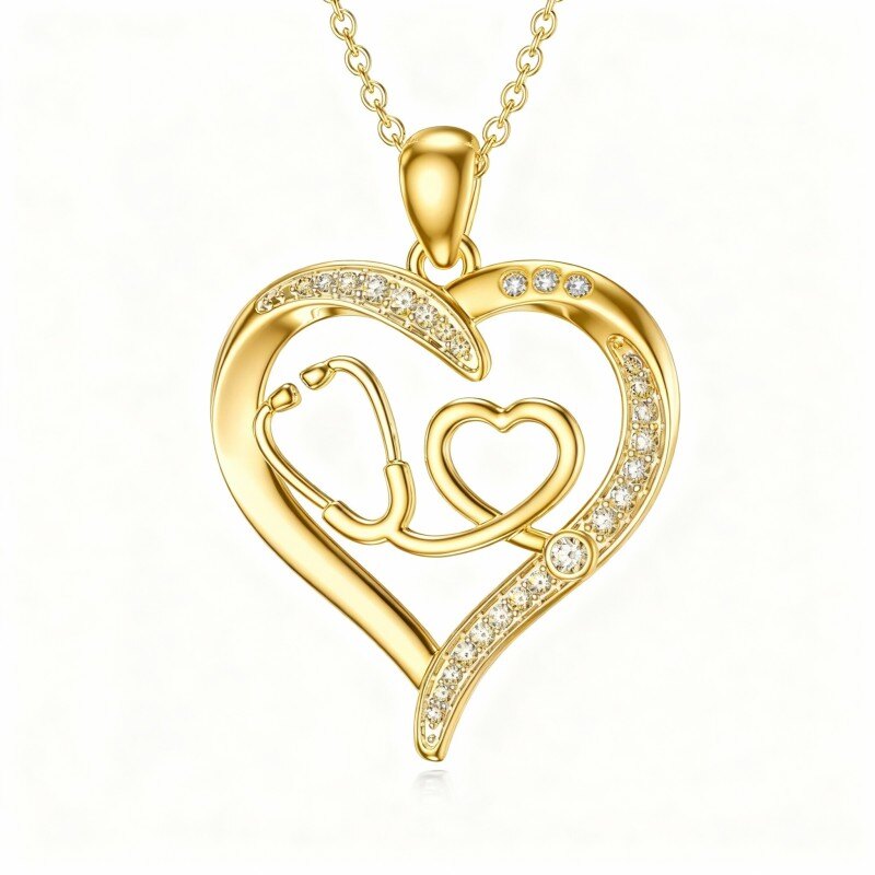 Naszyjnik z wisiorkiem w kształcie serca i stetoskopu z 14-karatowego złota z moissanitem-1