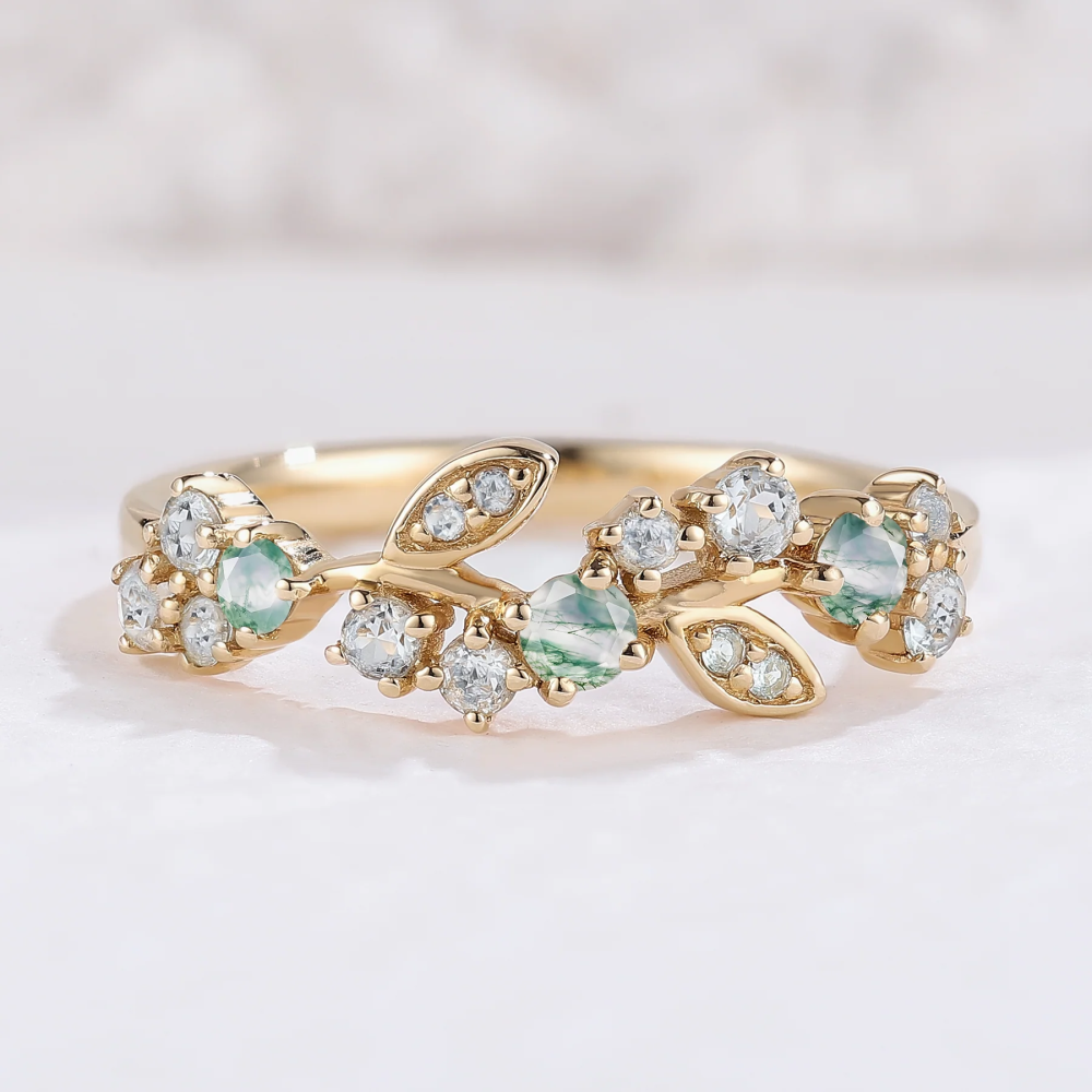 Sterling Silver with Yellow Gold Plated Moissanite & Moss Agate Leaves Ring-1